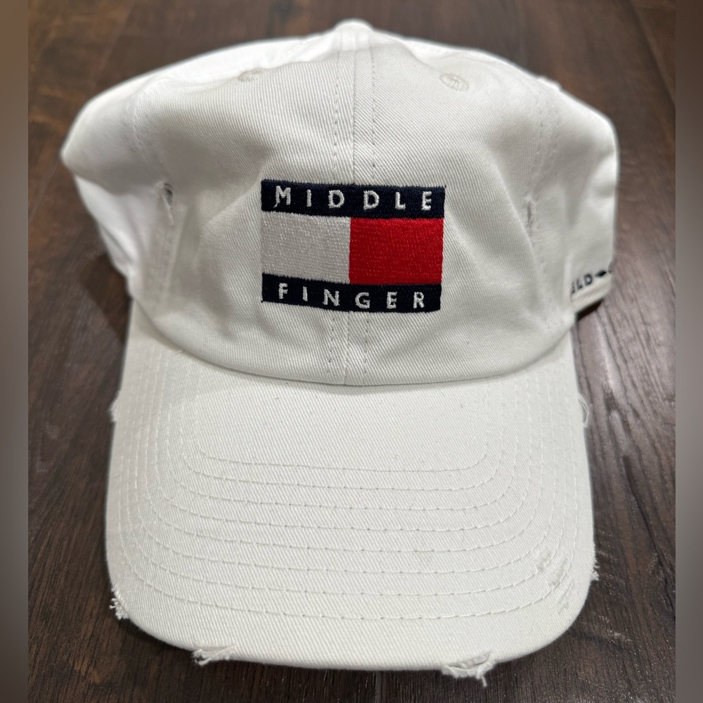 Field Grade Mens Middle Finger Distressed White Dad Hat